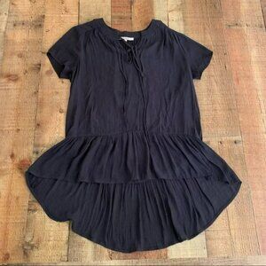 RO & DE womens lightweight v-neck high low tunic with ruffle bottom in navy -S